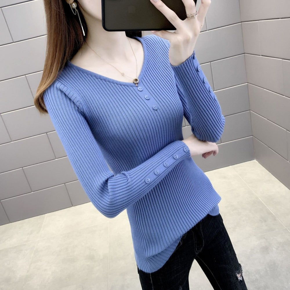 Vネックボタンリブニット|オフィスカジュアル レディース 通販【ミレジェネ】