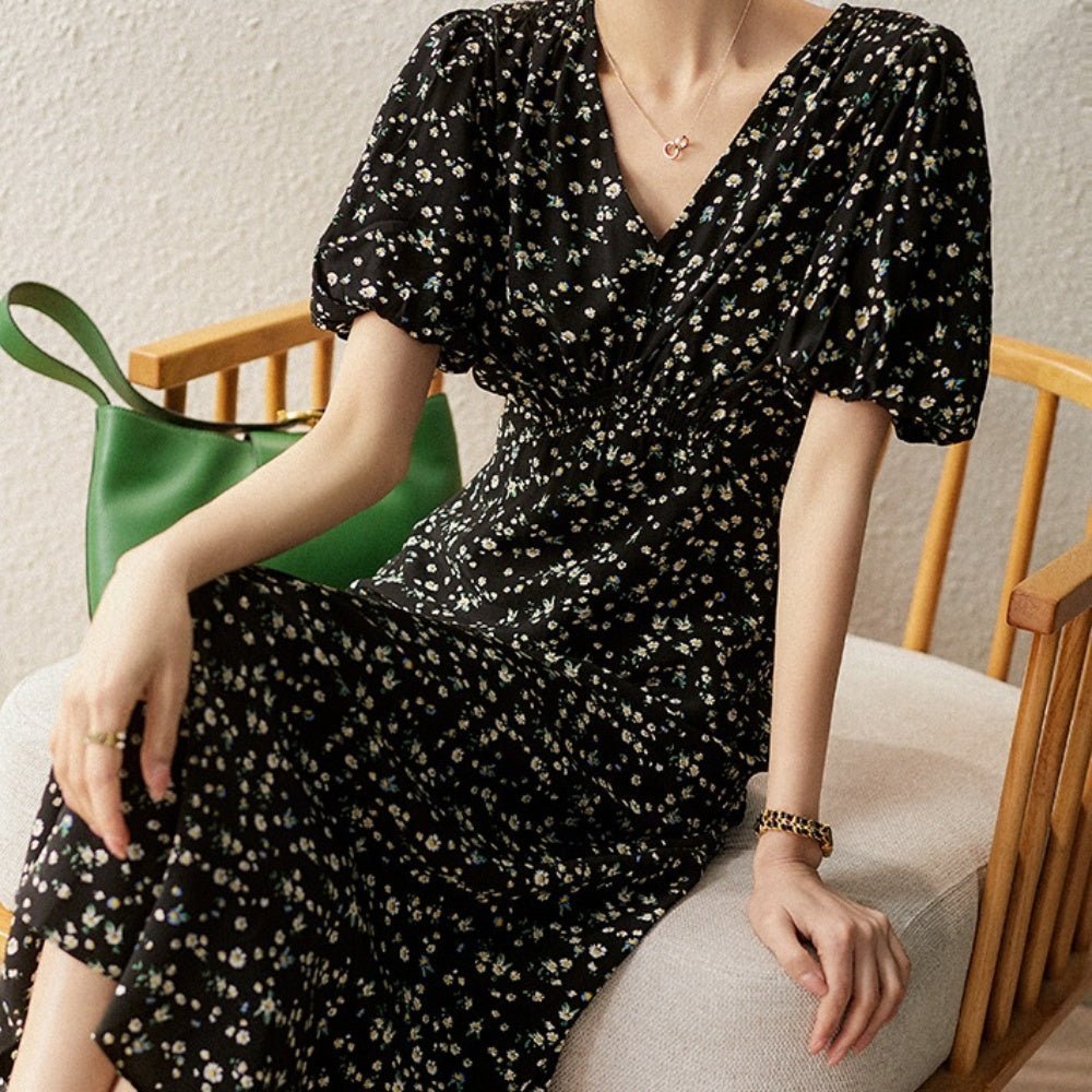 Vネック花柄シフォンワンピース|オフィスカジュアル レディース 通販【ミレジェネ】
