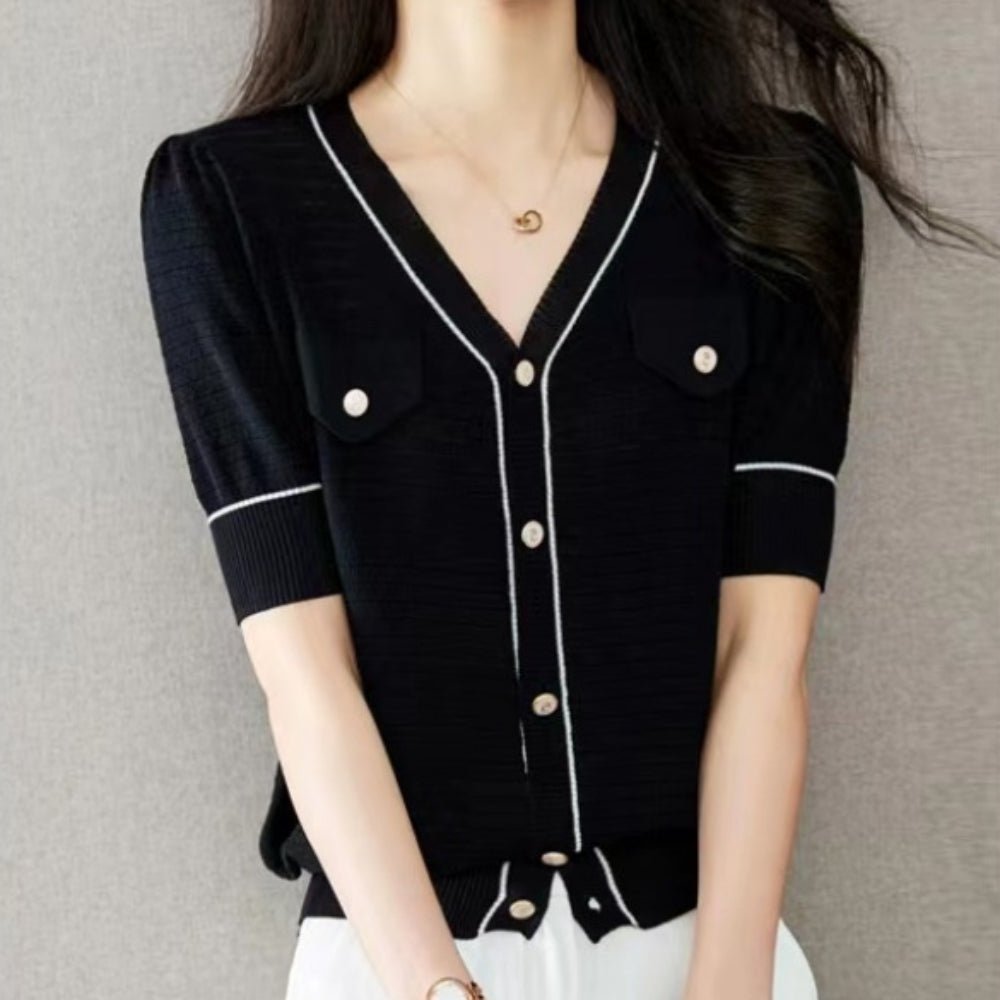 フラップアクセント半袖Vネックカーディガン|オフィスカジュアル レディース 通販【ミレジェネ】