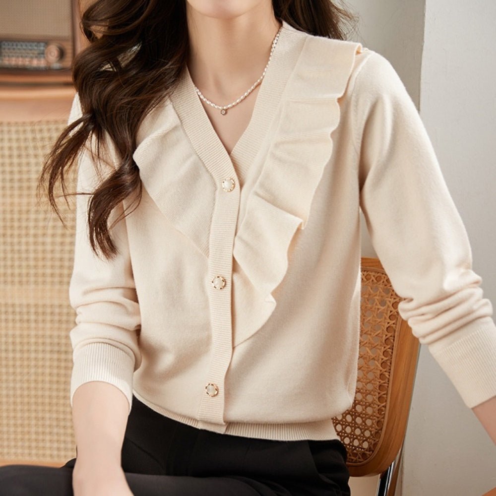 Vネックフリルニットカーディガン|オフィスカジュアル レディース 通販【ミレジェネ】