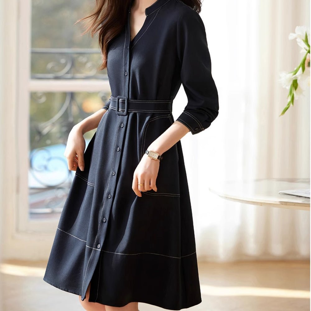 ベルト付きVネック前ボタンワンピース|オフィスカジュアル レディース 通販【ミレジェネ】