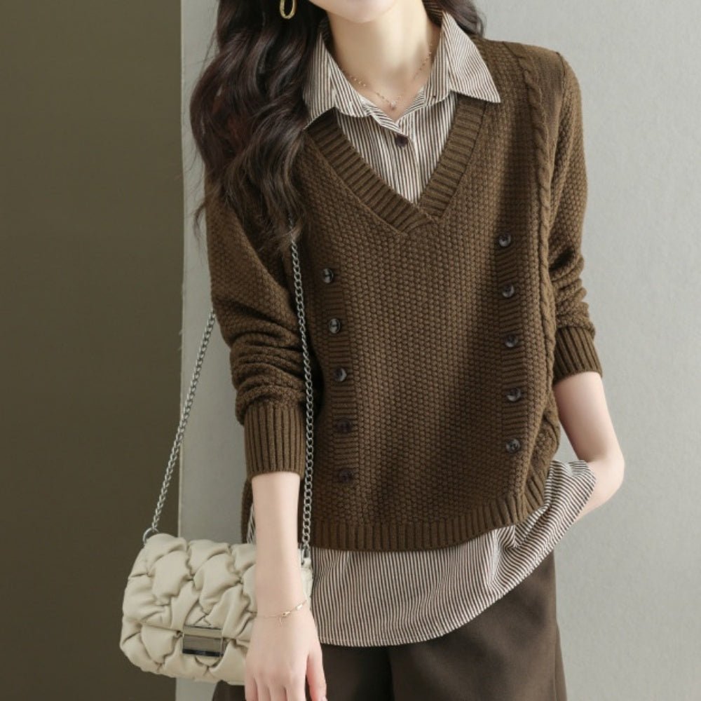 Vネックセーター+ストライプシャツ|オフィスカジュアル レディース 通販【ミレジェネ】