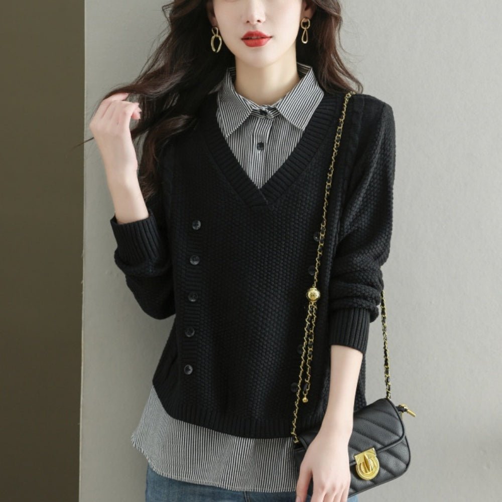 Vネックセーター+ストライプシャツ|オフィスカジュアル レディース 通販【ミレジェネ】