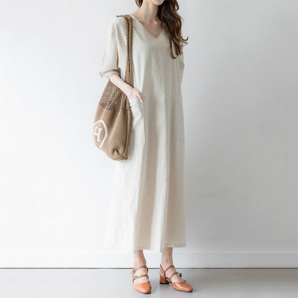 Vネック前ポケットシンプルワンピース|オフィスカジュアル レディース 通販 Millennial Generation【ミレジェネ】