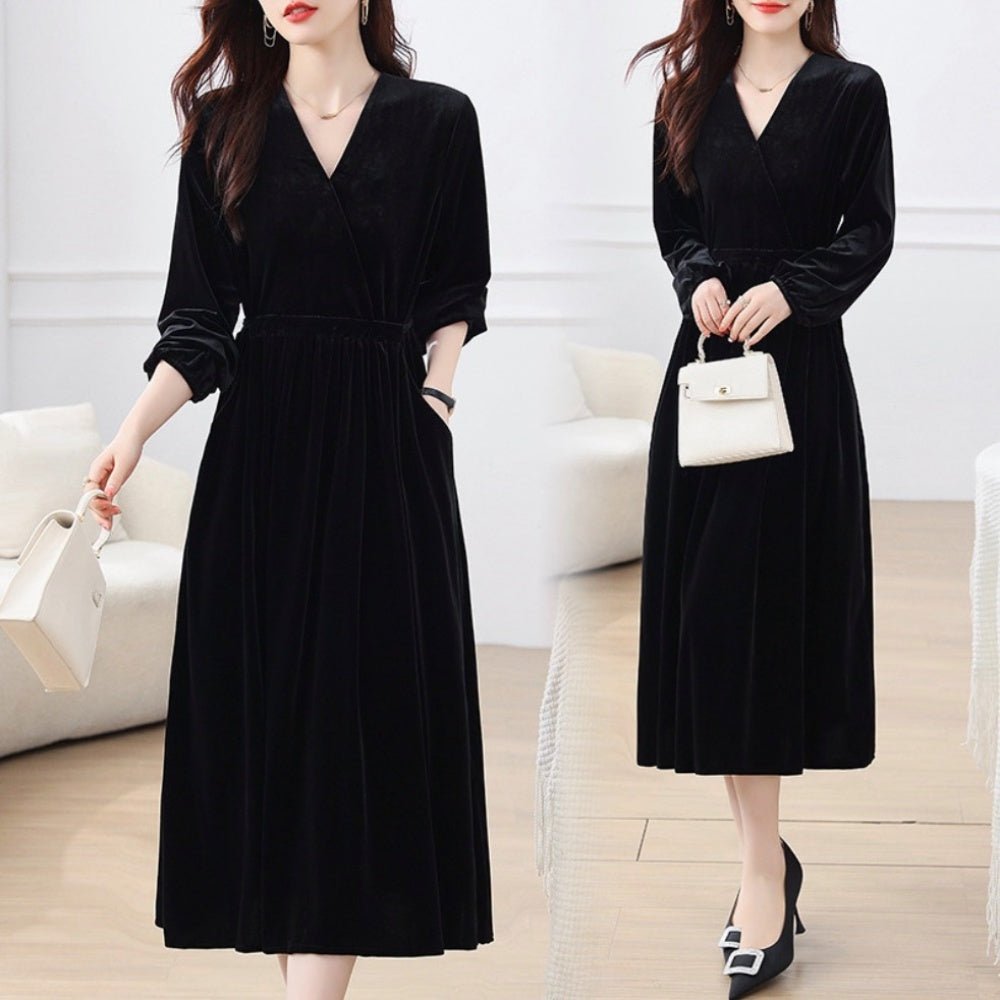 Vネックベロアワンピース|オフィスカジュアル レディース 通販【ミレジェネ】
