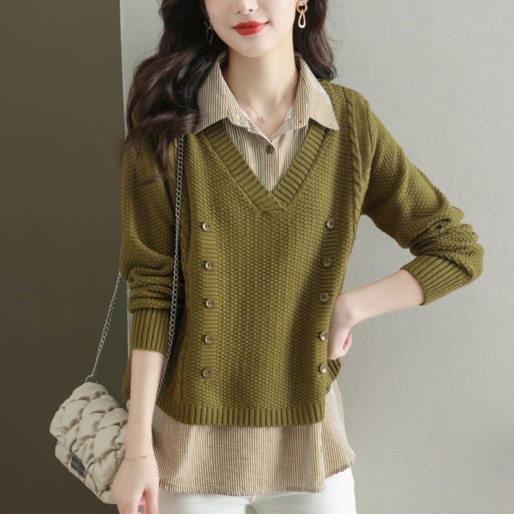 Vネックセーター+ストライプシャツ|オフィスカジュアル レディース 通販【ミレジェネ】