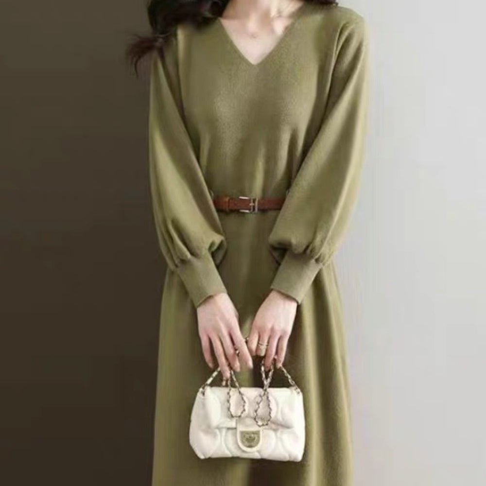 オフィスカジュアル 冬 Vネックニットワンピ ミレジェネ