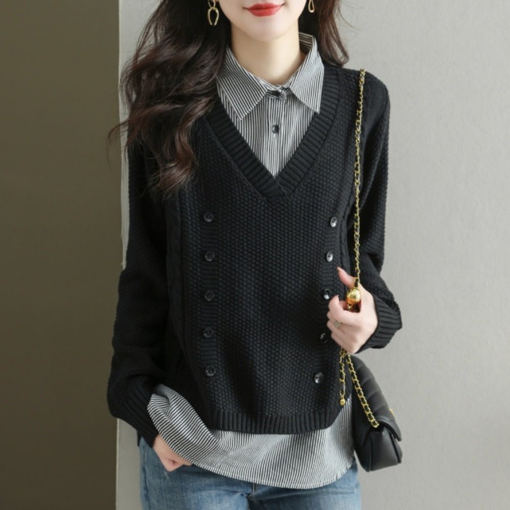 Vネックセーター+ストライプシャツ|オフィスカジュアル レディース 通販【ミレジェネ】