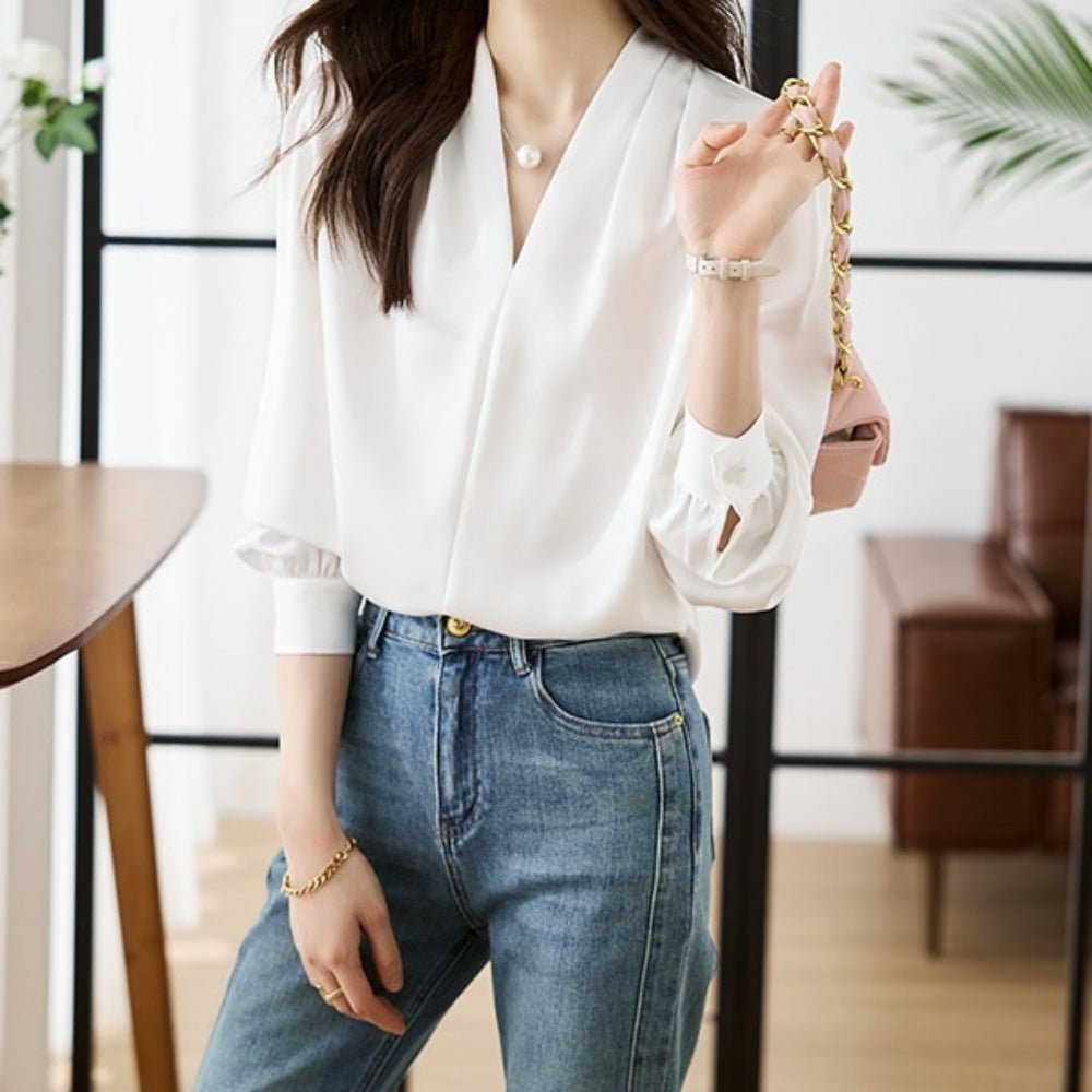 Vネックベーシックブラウス|オフィスカジュアル レディース 通販【ミレジェネ】