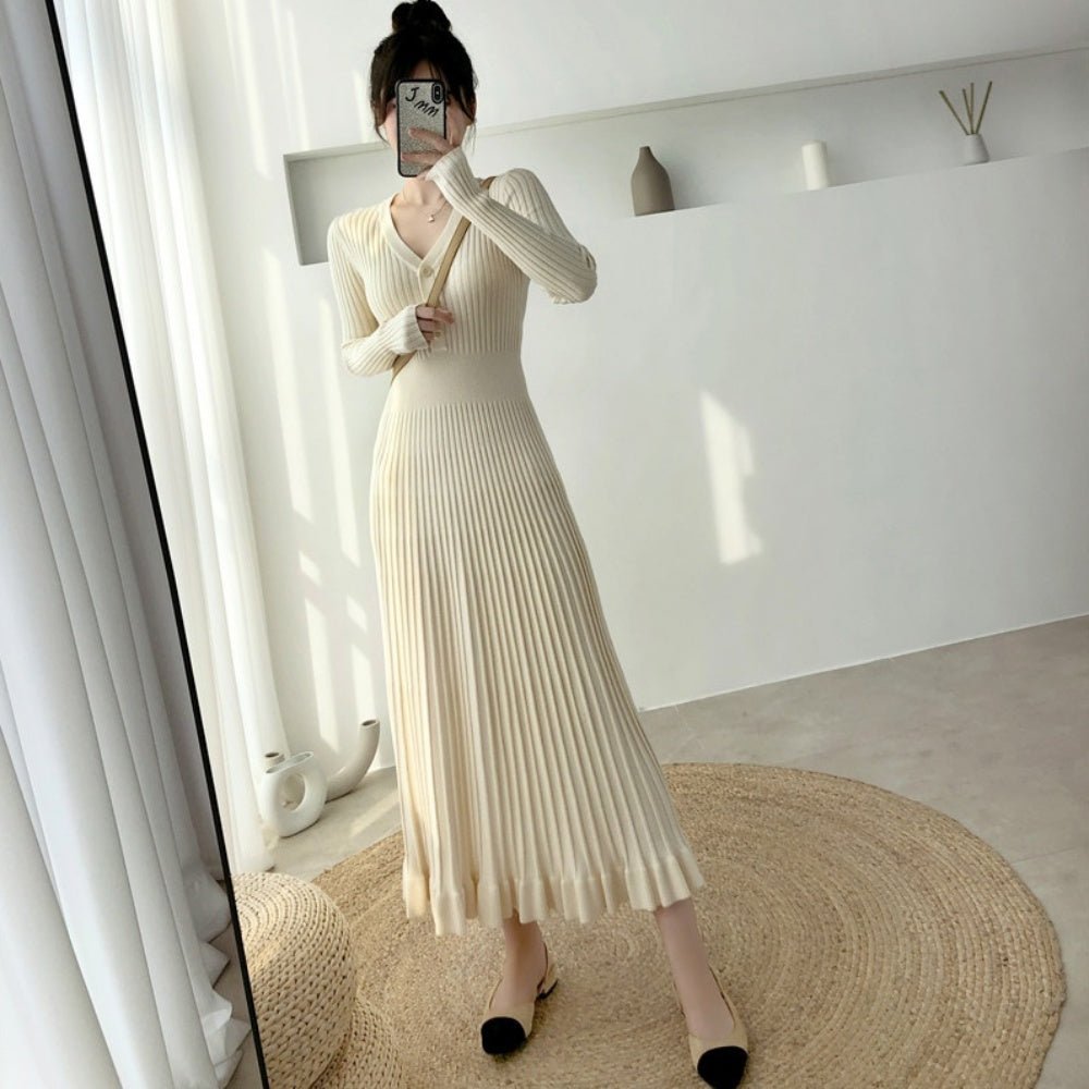 オフィスカジュアル 秋 Vネックニットロングワンピース ミレジェネ
