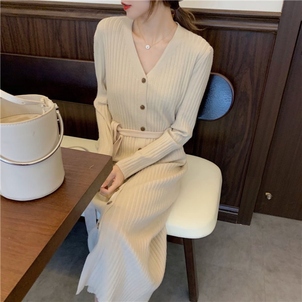 フロントボタンVネックニットワンピース|オフィスカジュアル レディース 通販【ミレジェネ】