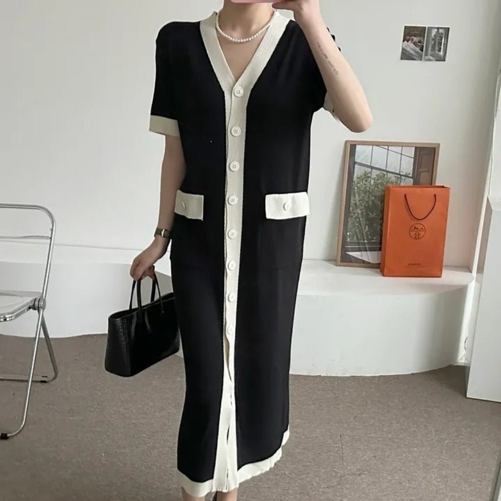 配色Vネックニットワンピース|オフィスカジュアル レディース 通販【ミレジェネ】