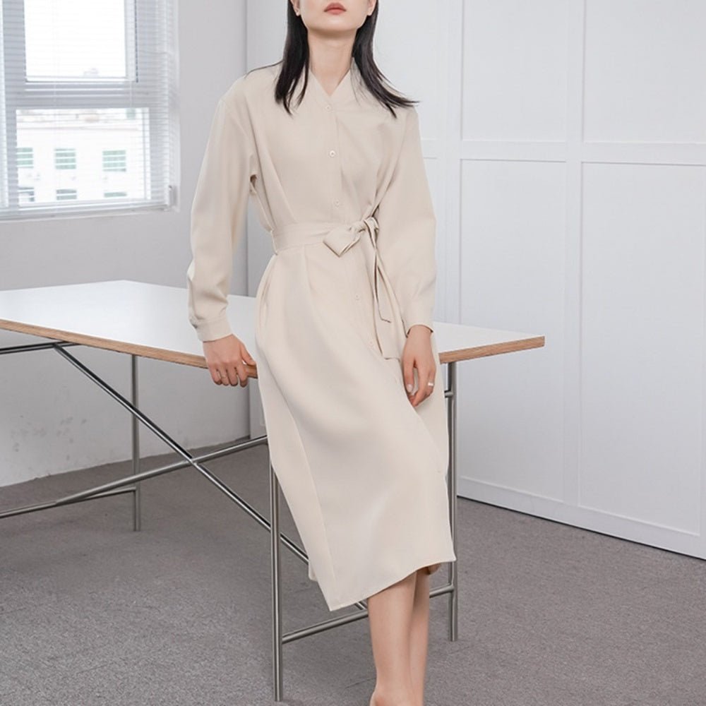 ウエストリボンマークVネックワンピース|オフィスカジュアル レディース 通販【ミレジェネ】