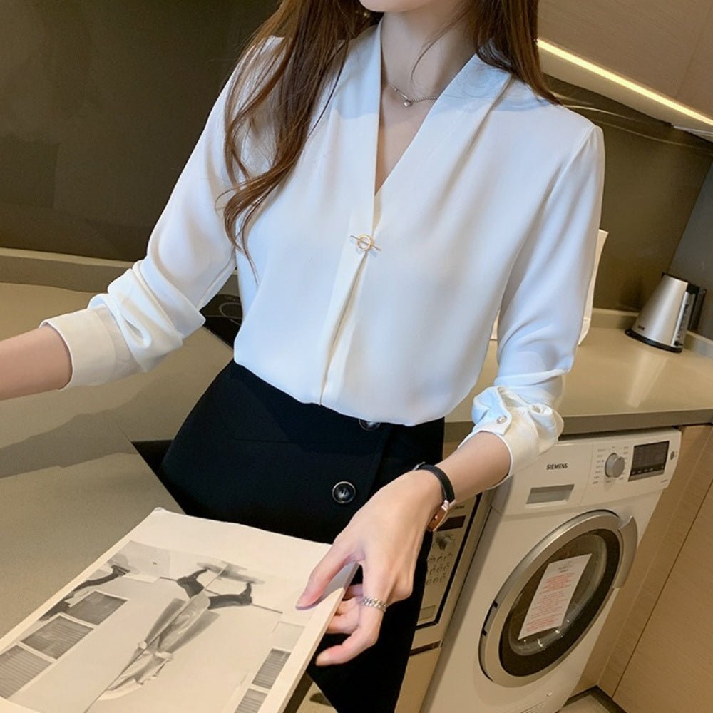 Vネックシフォン長袖ブラウス|オフィスカジュアル レディース 通販【ミレジェネ】