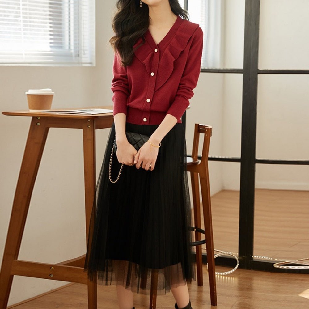 Vネックフリルニットカーディガン|オフィスカジュアル レディース 通販【ミレジェネ】