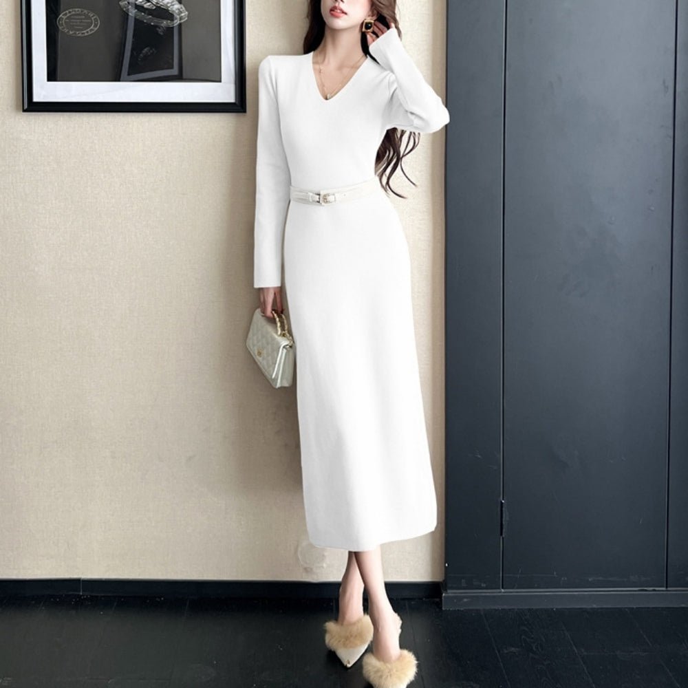 Vネックロングニットワンピース|オフィスカジュアル レディース 通販【ミレジェネ】