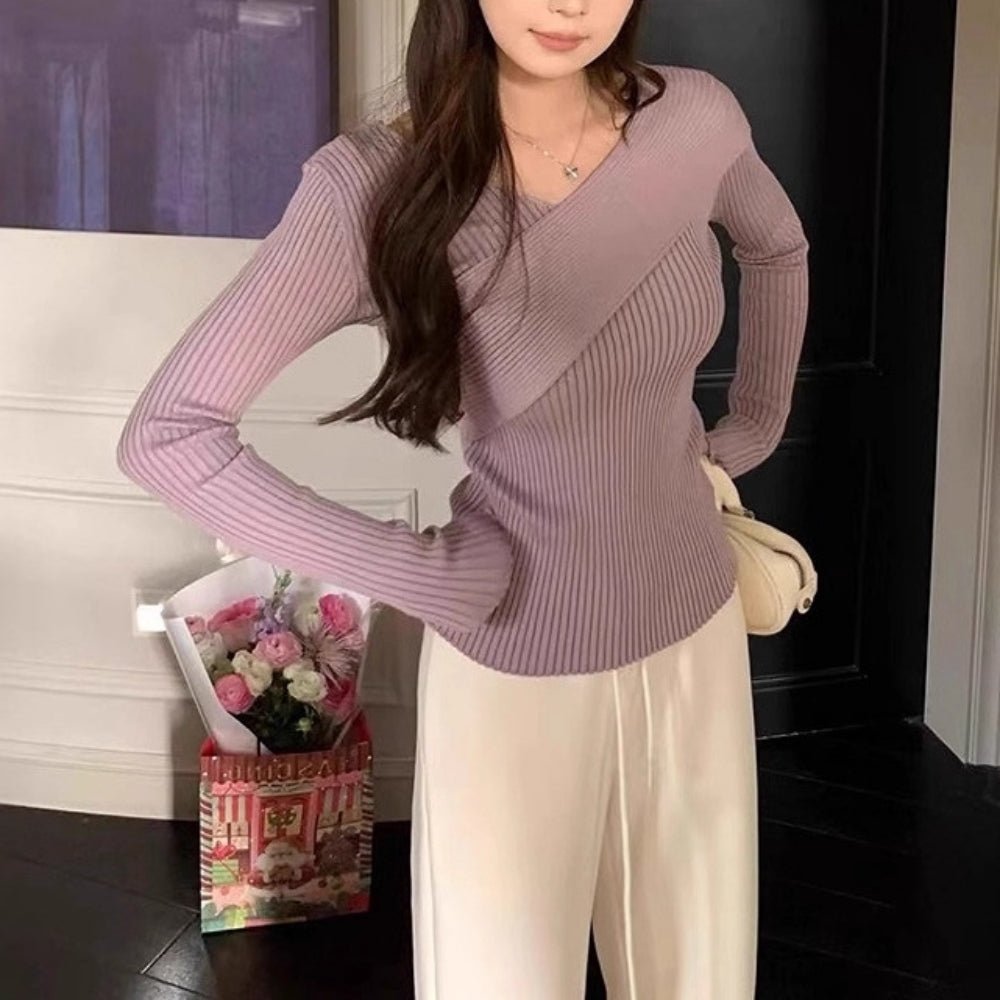 カシュクールVネックリブニット|オフィスカジュアル レディース 通販【ミレジェネ】