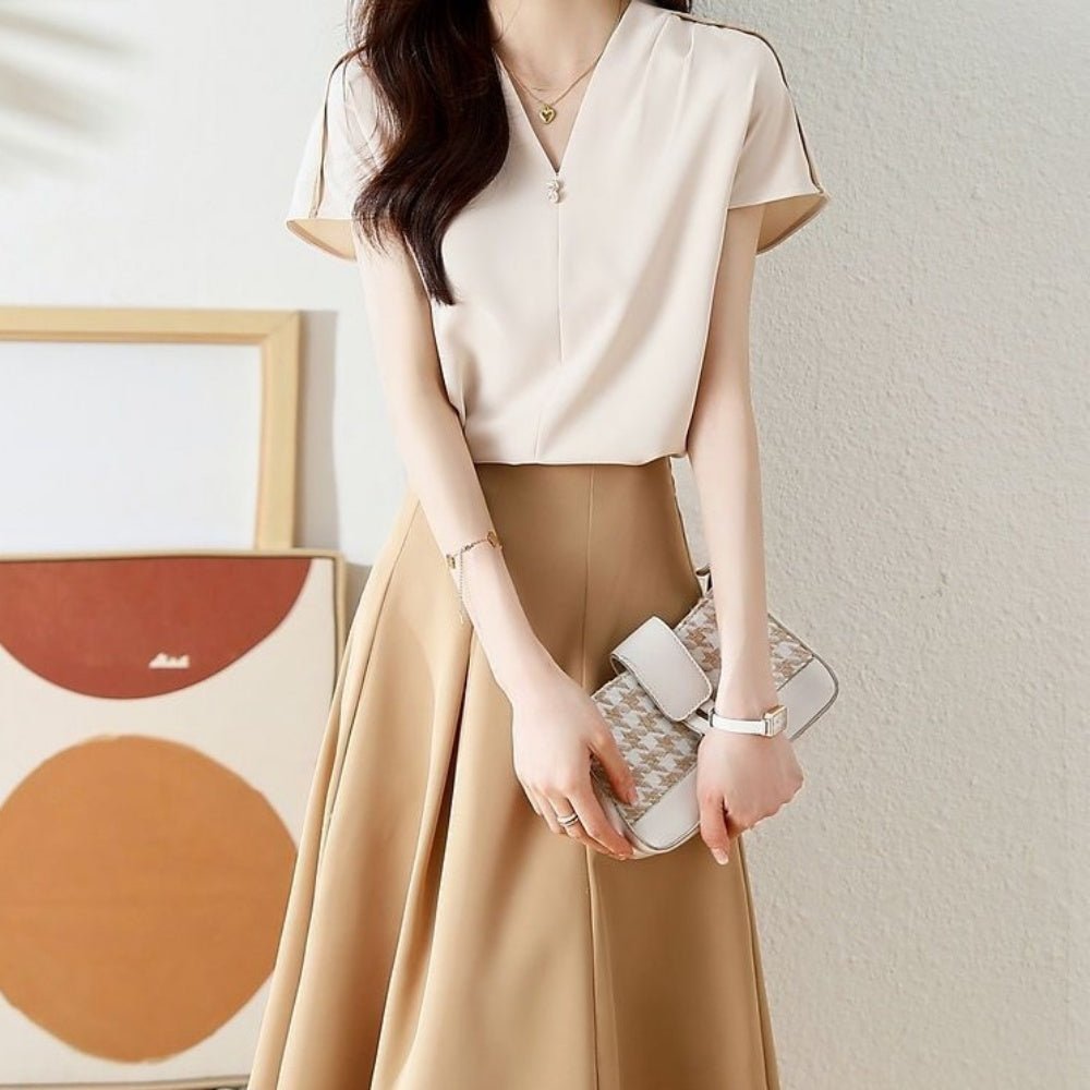 Vネックブラウススカートセットアップ|オフィスカジュアル レディース 通販【ミレジェネ】