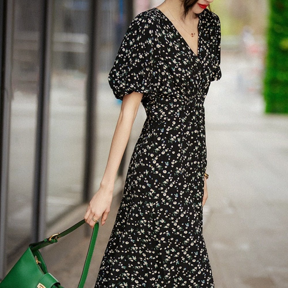 Vネック花柄シフォンワンピース|オフィスカジュアル レディース 通販【ミレジェネ】