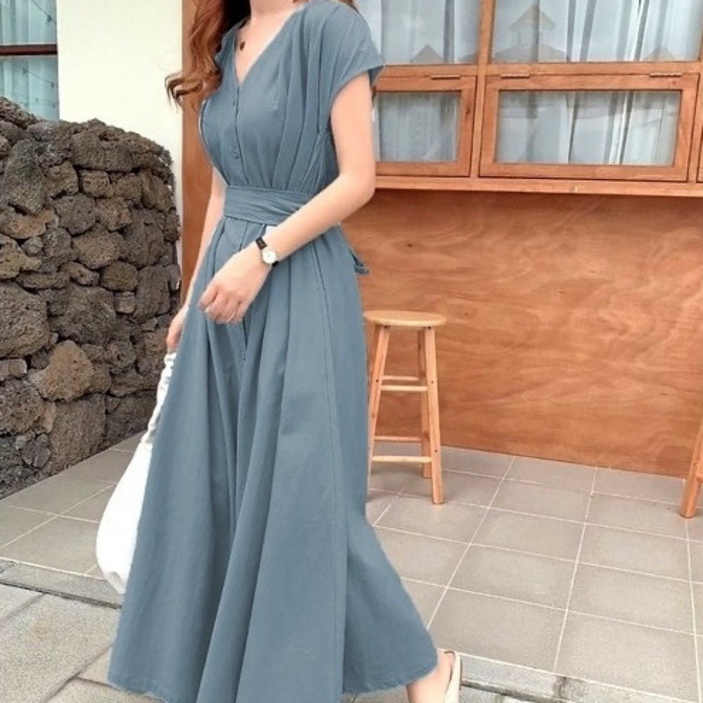 オフィスカジュアル 夏 共布リボンベルト付きVネックワンピース ミレジェネ