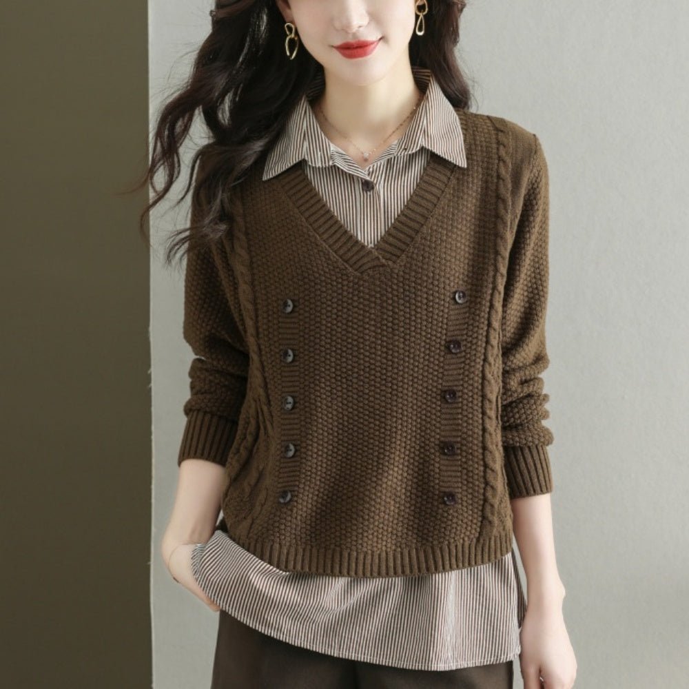 Vネックセーター+ストライプシャツ|オフィスカジュアル レディース 通販【ミレジェネ】