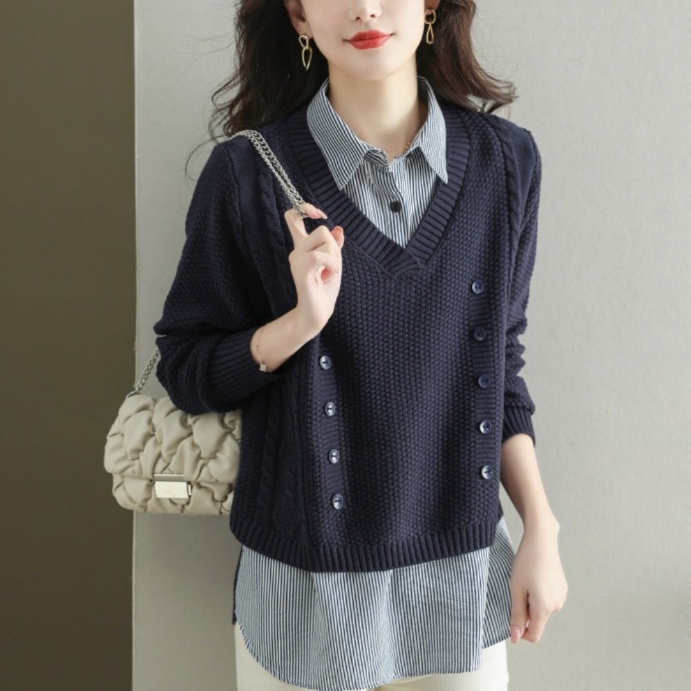 Vネックセーター+ストライプシャツ|オフィスカジュアル レディース 通販【ミレジェネ】