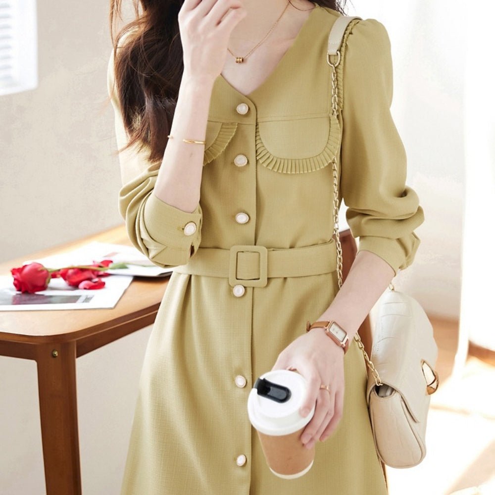 Vネックベルト付き七分袖ワンピース|オフィスカジュアル レディース 通販【ミレジェネ】