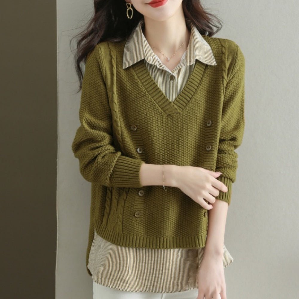 Vネックセーター+ストライプシャツ|オフィスカジュアル レディース 通販【ミレジェネ】