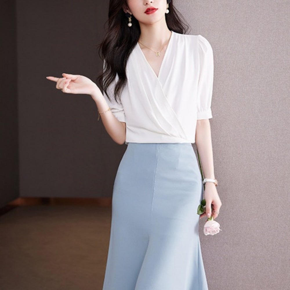 オフィスカジュアル 夏 Vネックシフォン半袖ブラウス ミレジェネ