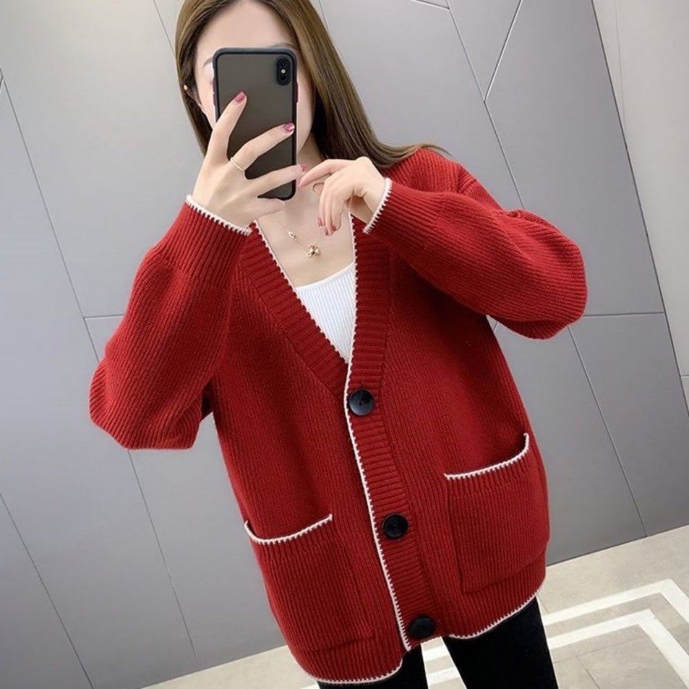 Vネック配色ラインカーディガン|オフィスカジュアル レディース 通販【ミレジェネ】