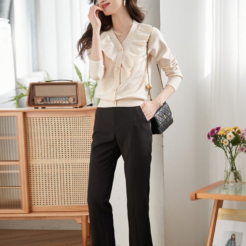 Vネックフリルニットカーディガン|オフィスカジュアル レディース 通販【ミレジェネ】