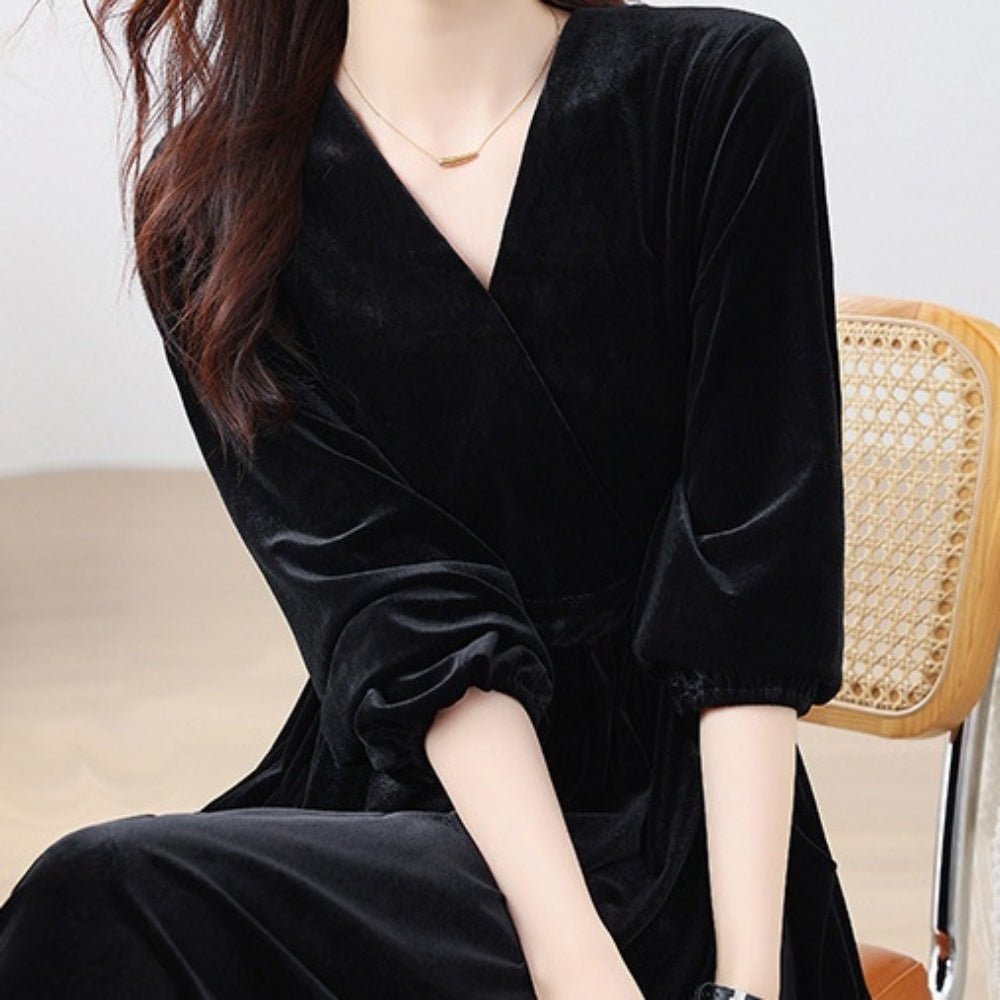 Vネックベロアワンピース|オフィスカジュアル レディース 通販【ミレジェネ】