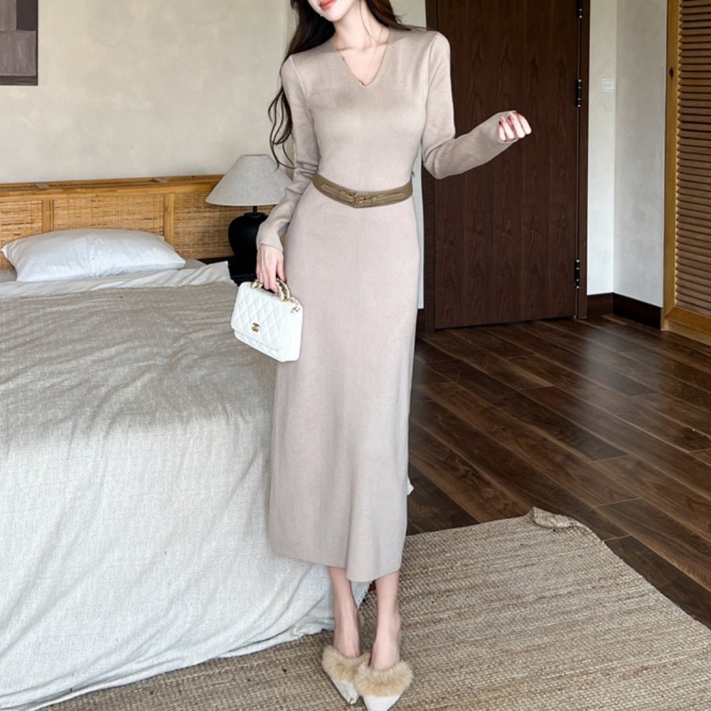Vネックロングニットワンピース|オフィスカジュアル レディース 通販【ミレジェネ】