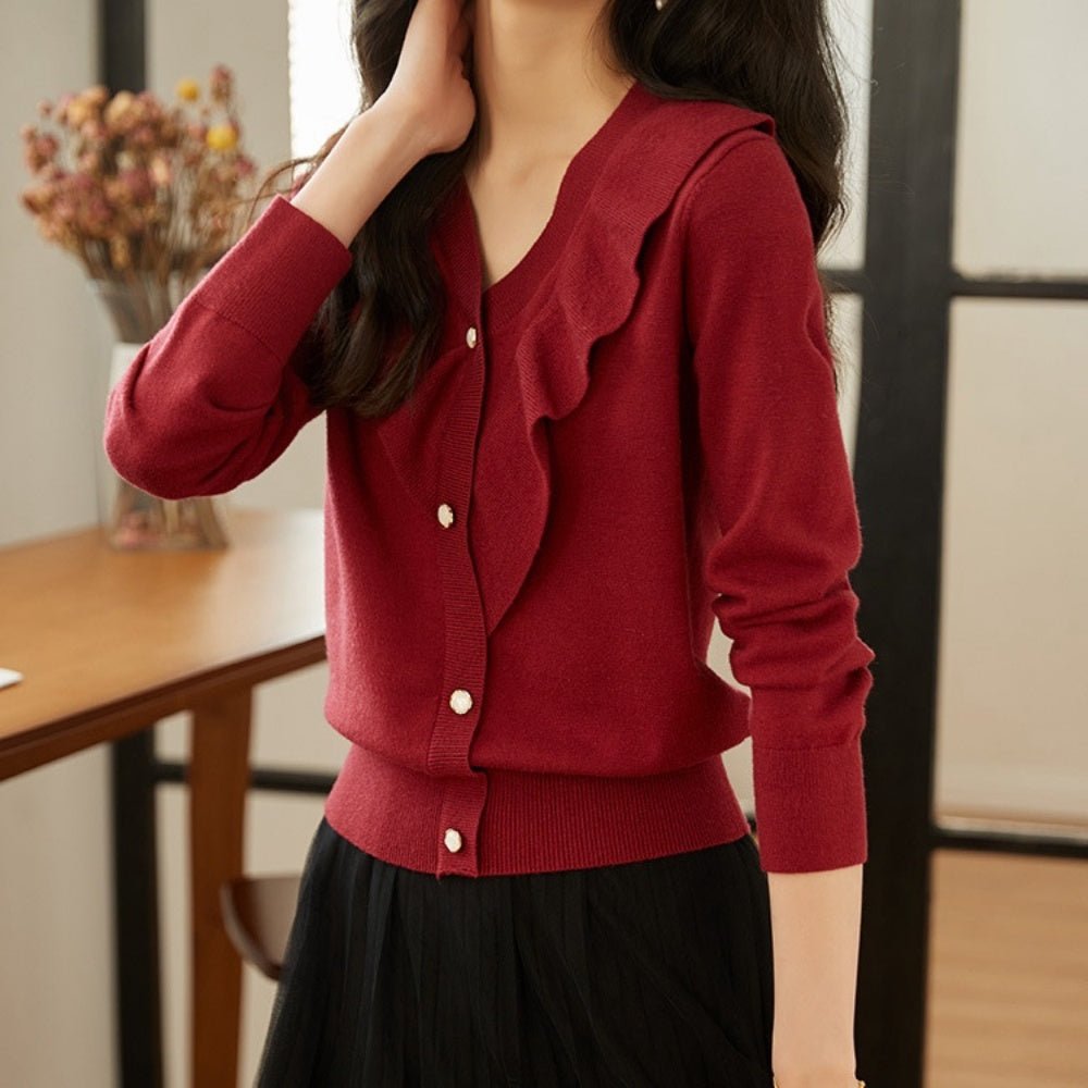 Vネックフリルニットカーディガン|オフィスカジュアル レディース 通販【ミレジェネ】