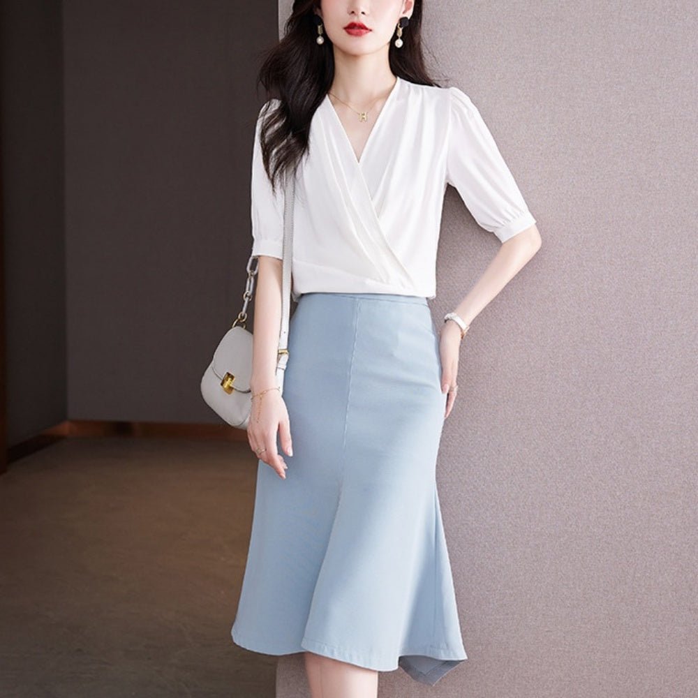 Vネックシフォン半袖ブラウス|オフィスカジュアル レディース 通販 Millennial Generation【ミレジェネ】