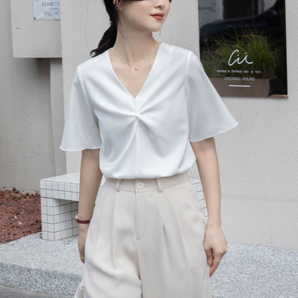 フロントギャザーVネックブラウス|オフィスカジュアル レディース 通販【ミレジェネ】