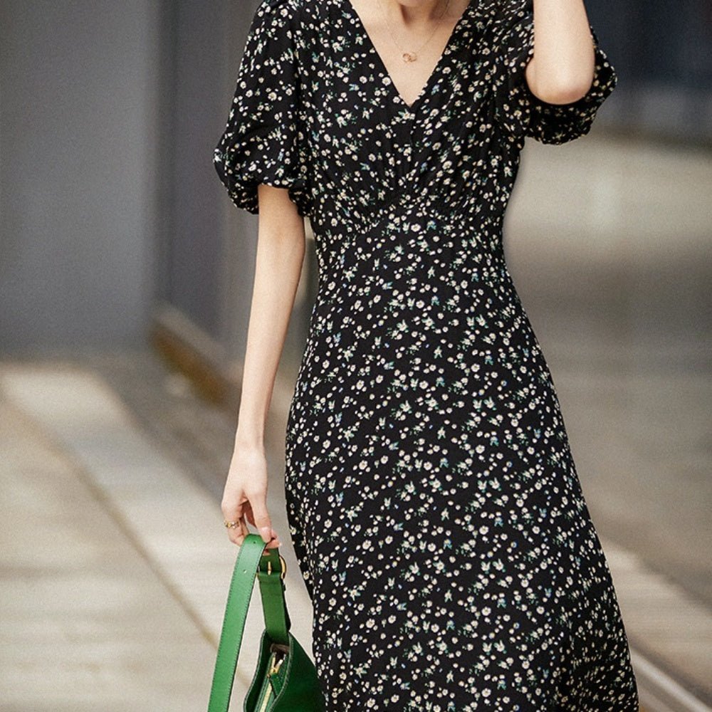 Vネック花柄シフォンワンピース|オフィスカジュアル レディース 通販【ミレジェネ】