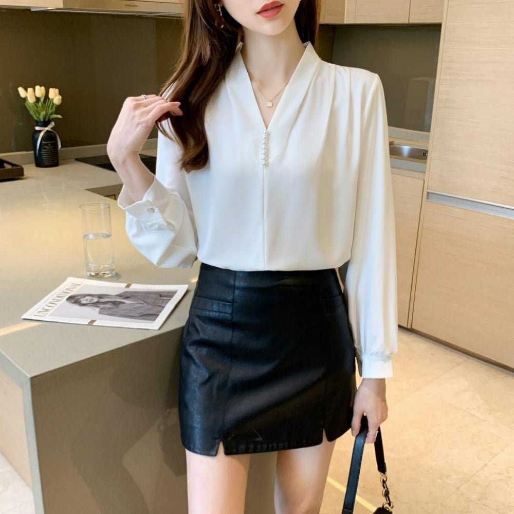 Vネックパール付ブラウス|オフィスカジュアル レディース 通販 Millennial Generation【ミレジェネ】