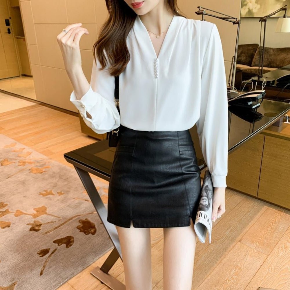 Vネックパール付ブラウス|オフィスカジュアル レディース 通販 Millennial Generation【ミレジェネ】