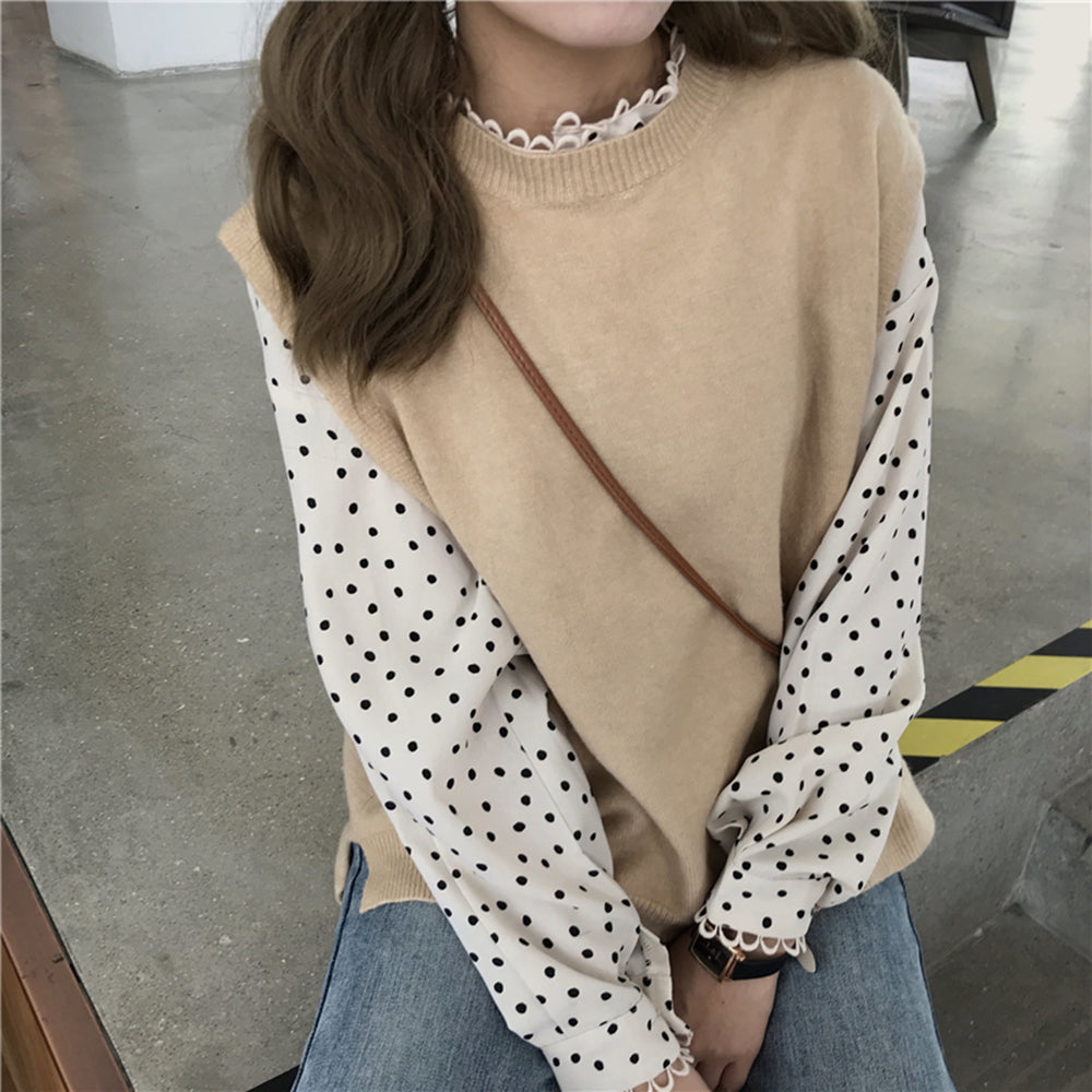 フリルラウンドネックドット柄プルオーバー長袖ブラウス - Millennial Generation