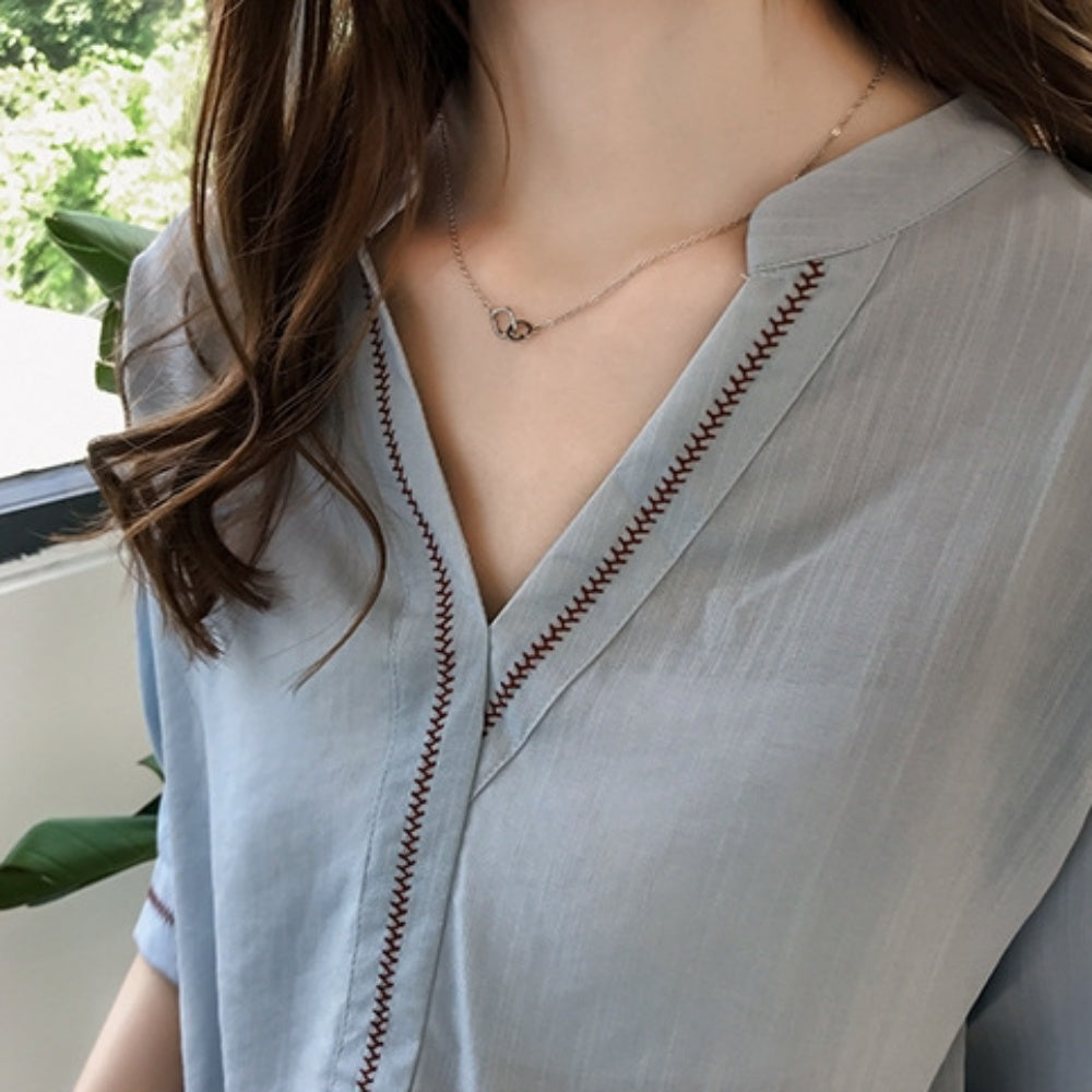 Vネック上品半袖シフォンシャツ