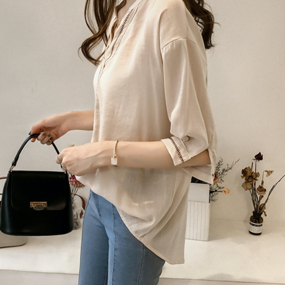Vネック上品半袖シフォンシャツ