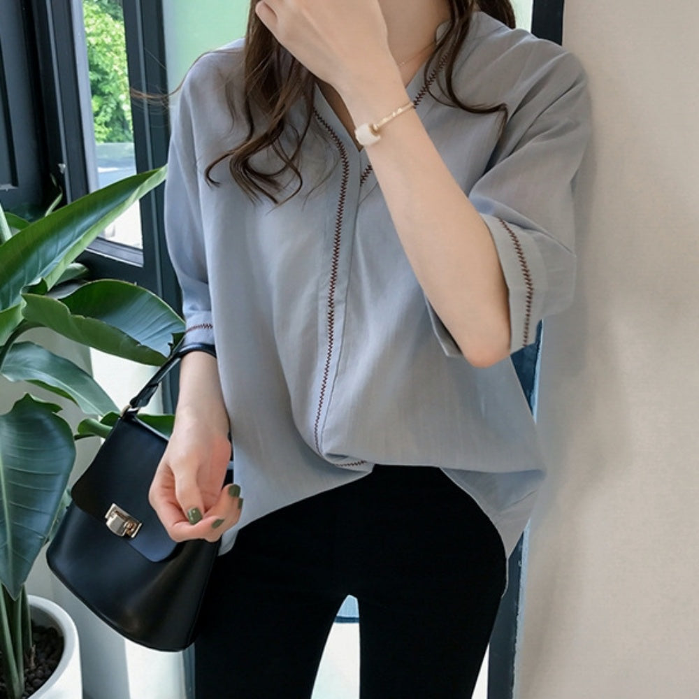 Vネック上品半袖シフォンシャツ