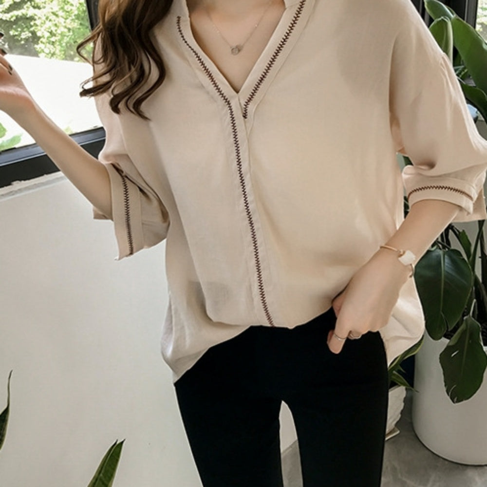 Vネック上品半袖シフォンシャツ