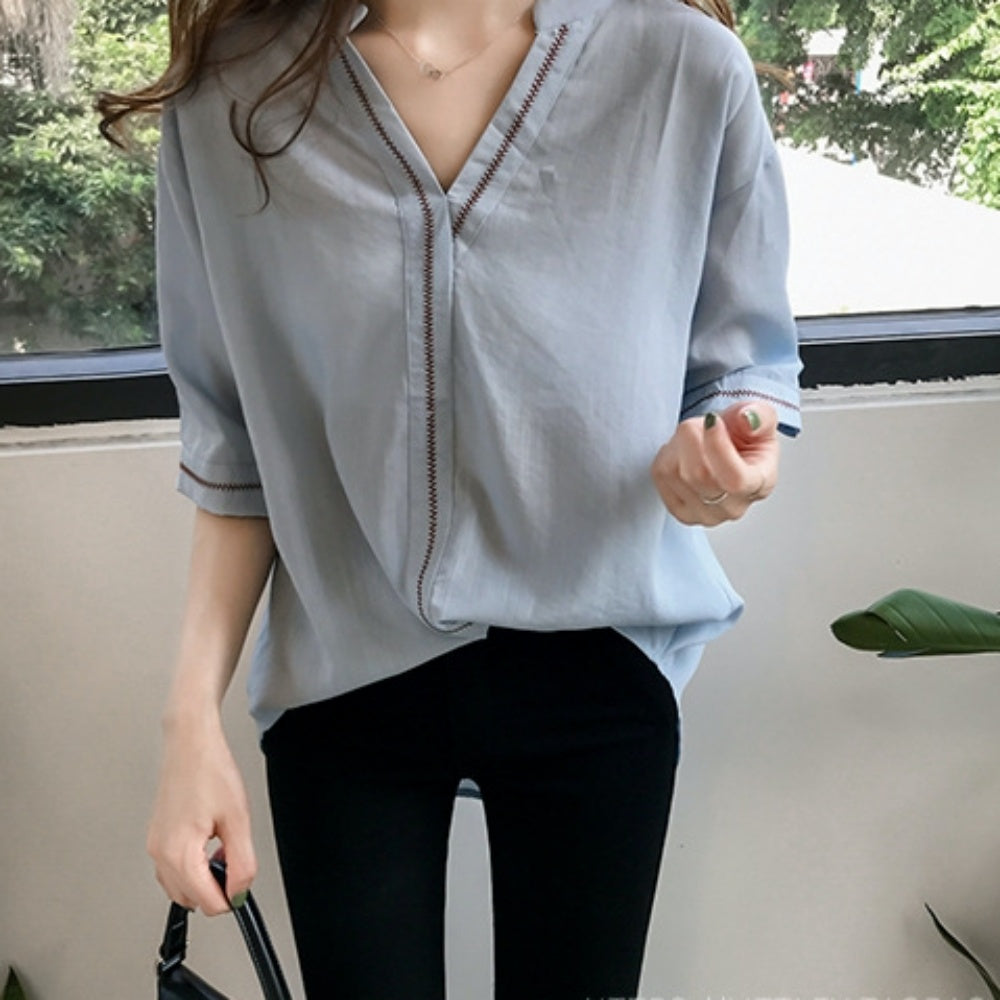 Vネック上品半袖シフォンシャツ