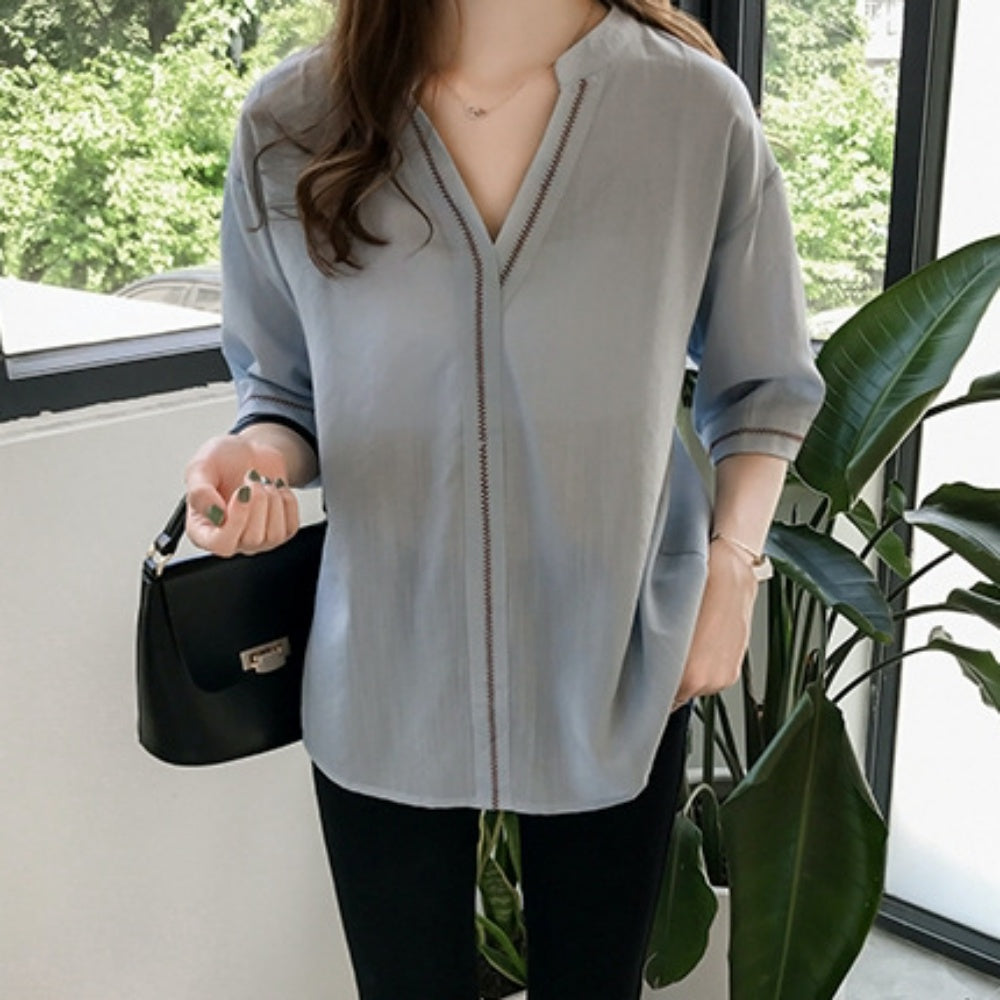 Vネック上品半袖シフォンシャツ
