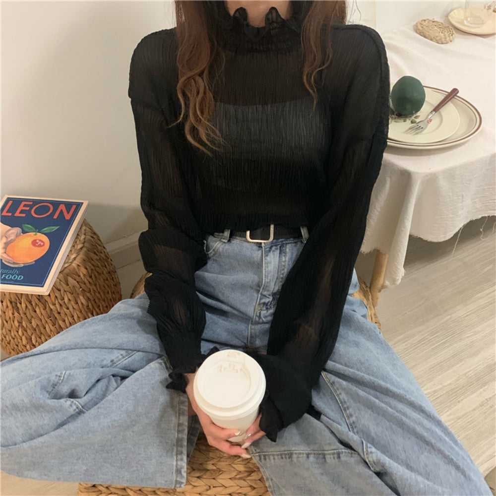 フリルネックシフォンブラウス