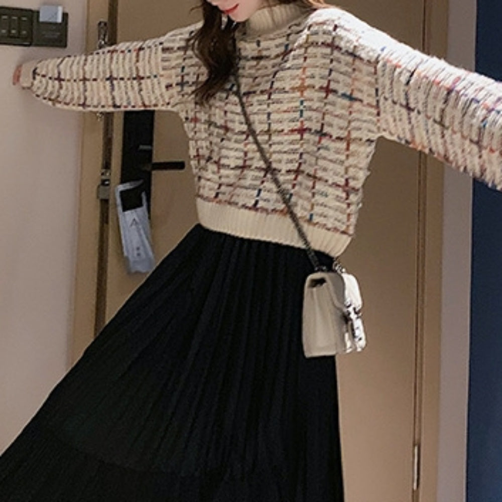 オフィスカジュアル 冬 ボトルネックカラフルニット フロントボタンミディアムワンピース ミレジェネ