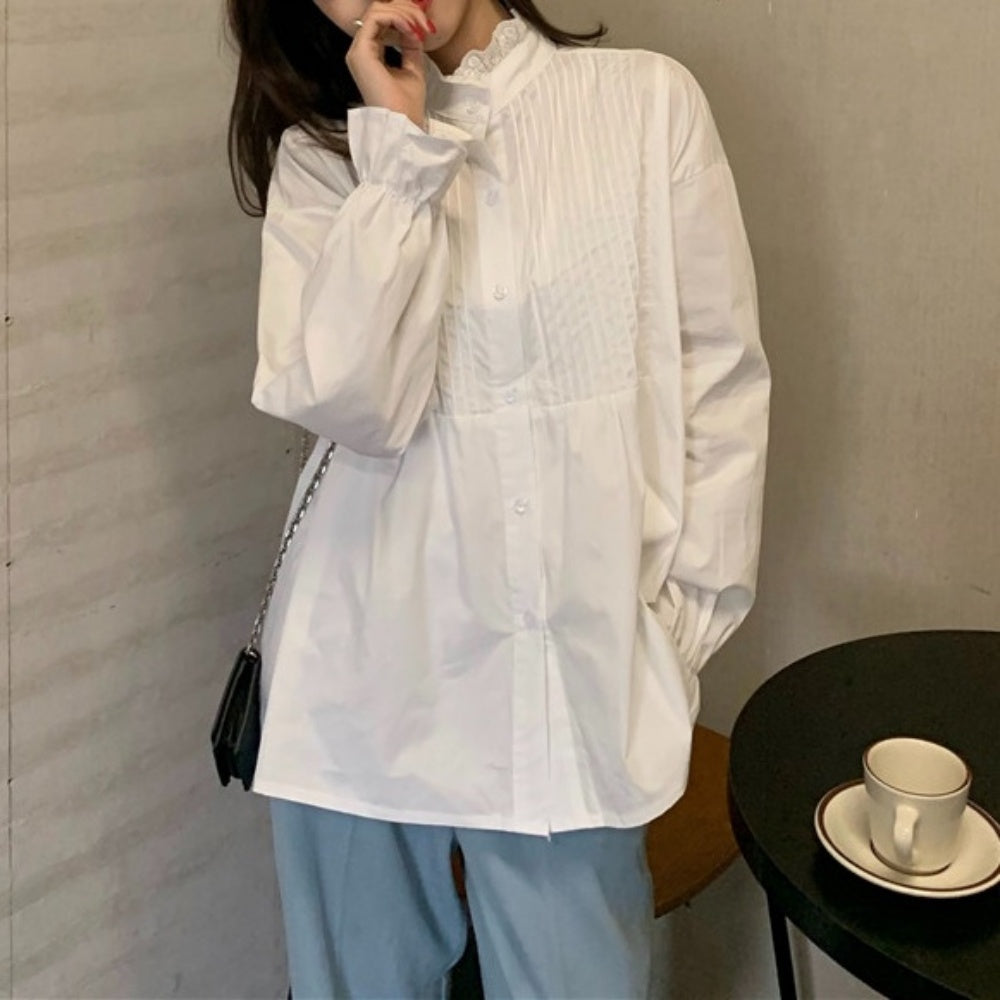 切り替えプリーツフリルネックシャツ