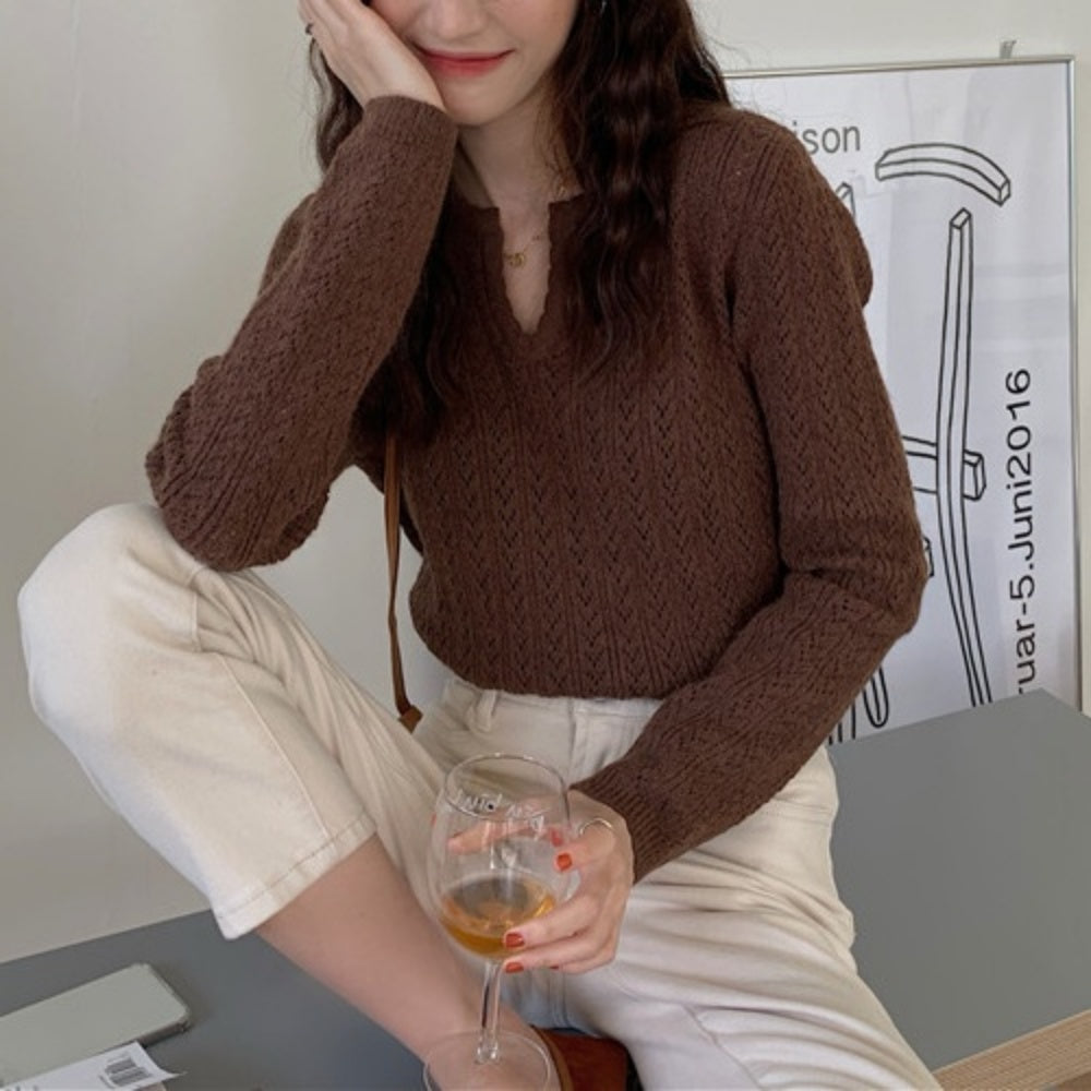 キーネック鍵編みニットトップス